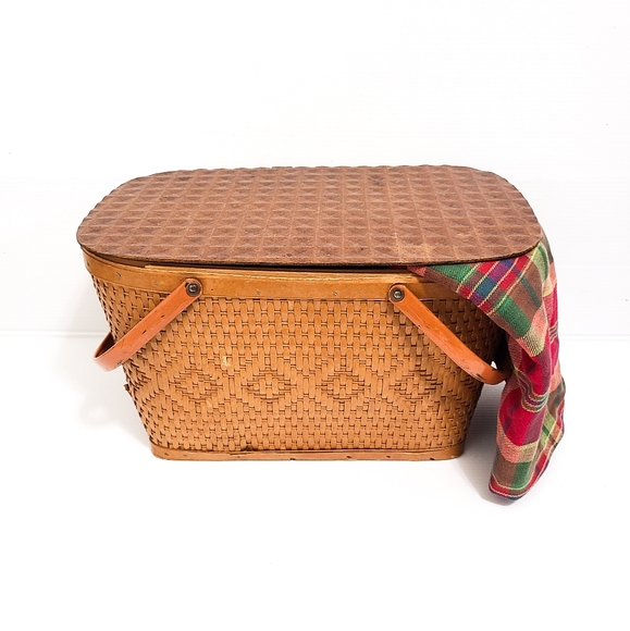 VTG Redman '50s LARGE Straw Woven Wicker Picnic Basket with Picnic Blank… - Picture 1 of 6